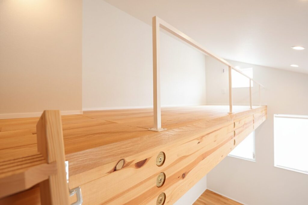 はしごを登った先にある、無垢材の床と白い手すりが特徴的なロフト空間。木の温もりを感じる分厚い梁と白い壁が調和した、明るく開放的なナチュラルモダンなデザインです。