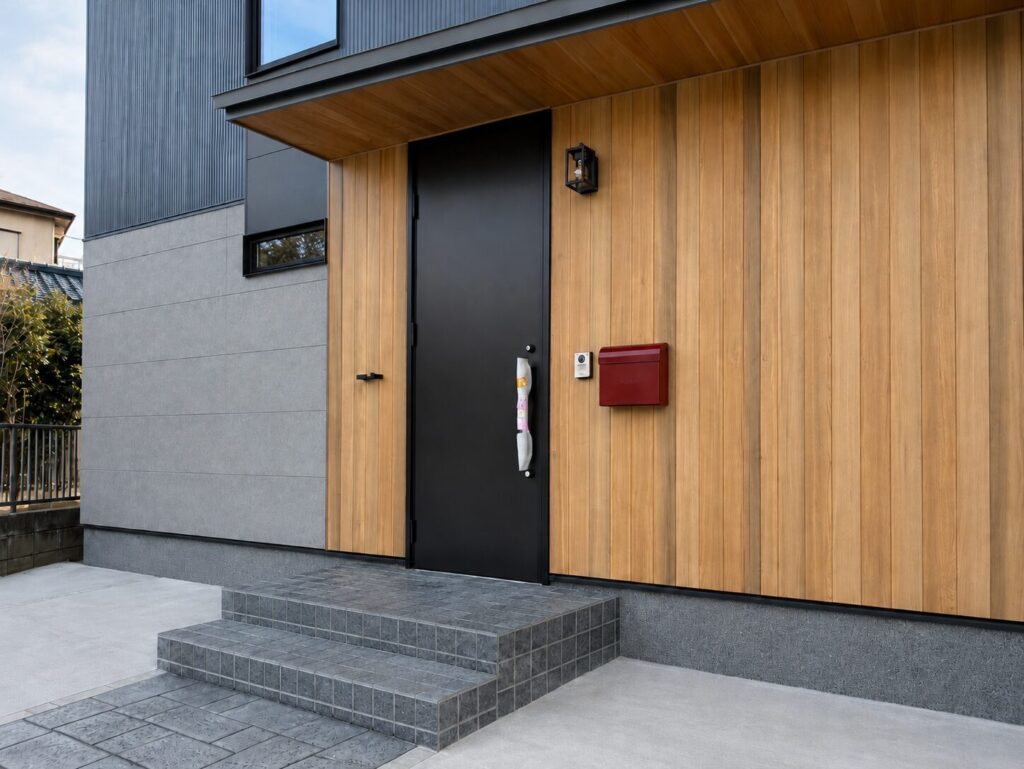 木目調の外壁に黒い玄関ドアを合わせた、ナチュラルモダンな新築住宅の玄関。グレーのタイルアプローチと赤いポストが上質な外観を引き立てています。