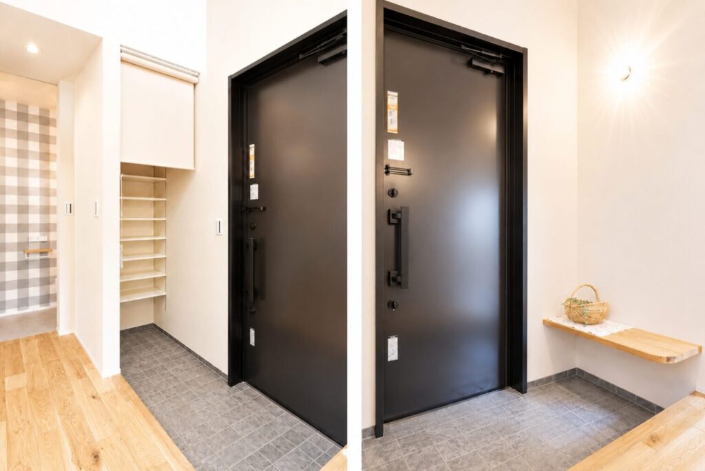 黒い玄関ドアとグレーのタイルが印象的な新築住宅の玄関ホール。シューズクロークやベンチを備え、無垢床の温かみを感じられるナチュラルモダンな空間です。