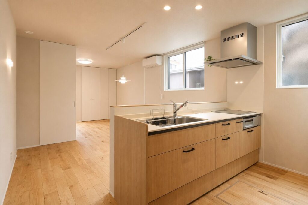ナチュラルな木目キッチンと無垢床が印象的な新築住宅のLDK。明るい対面キッチンと開放的なリビングがつながる、家族が心地よく過ごせる空間です。