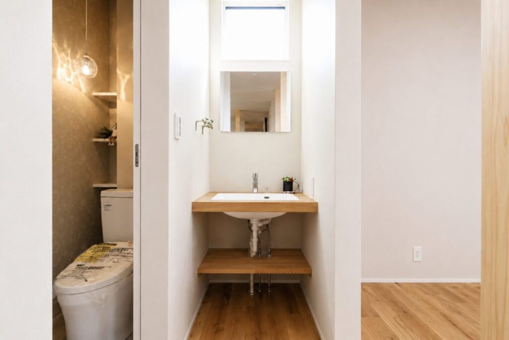 造作洗面台とトイレが隣接した、無垢床の温もりを感じる明るい新築注文住宅の水まわり空間。